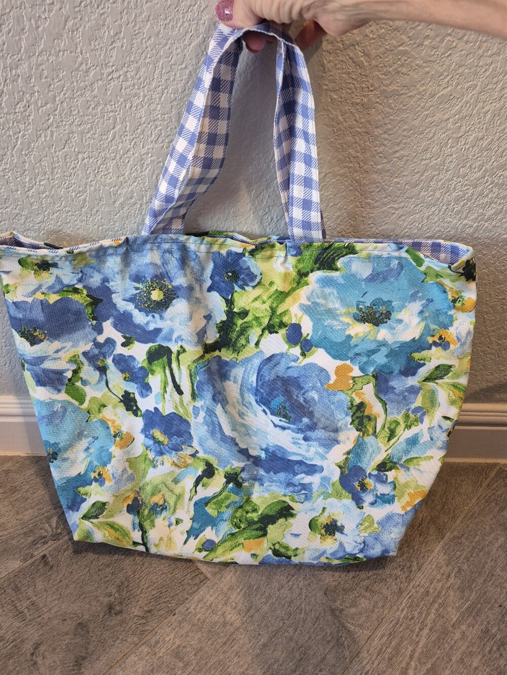Floral Blue Canvas Tote Bag with Gingham Handles